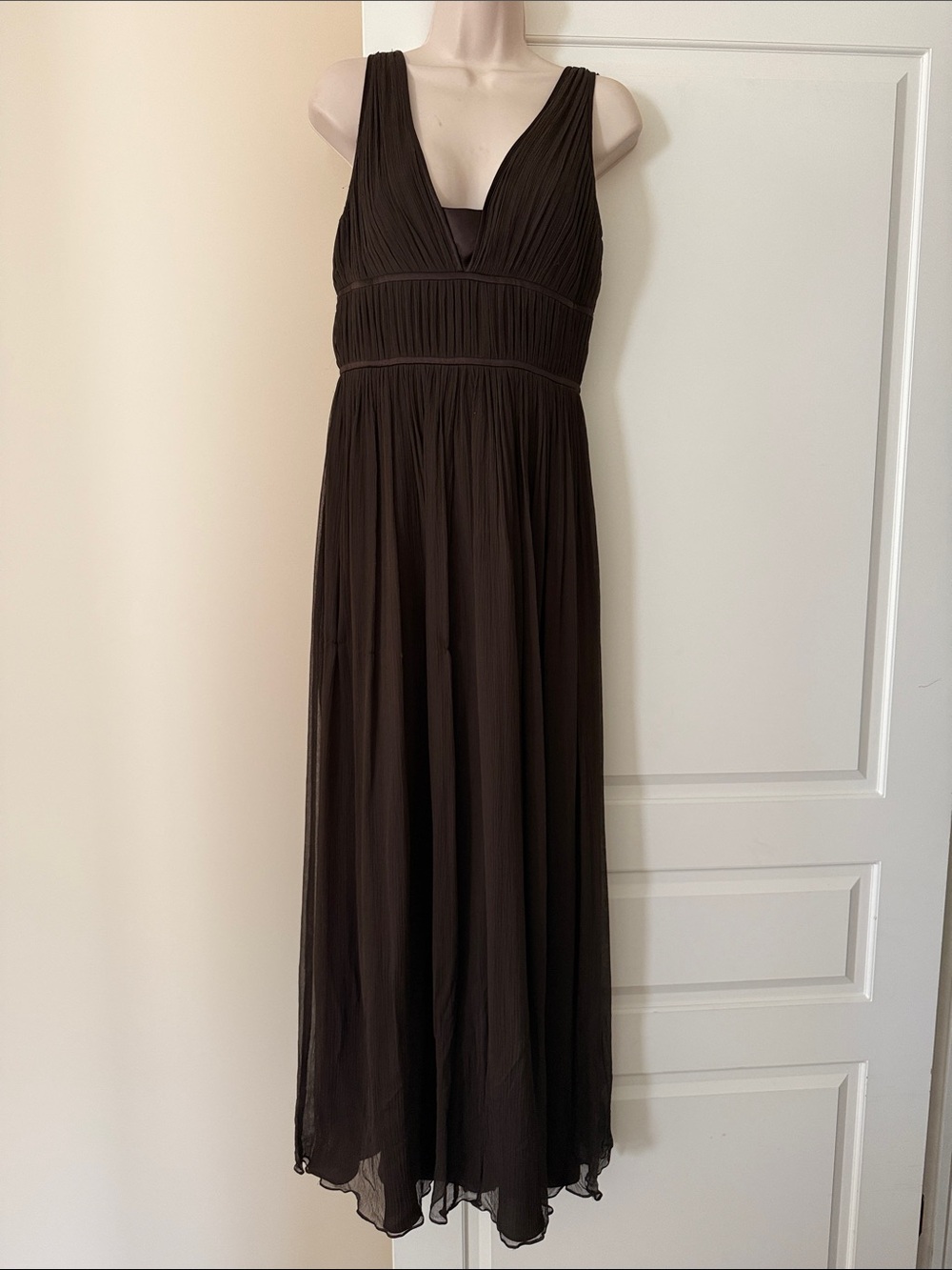 Calvin Klein Brown Pleated V-Neck Maxi Dress